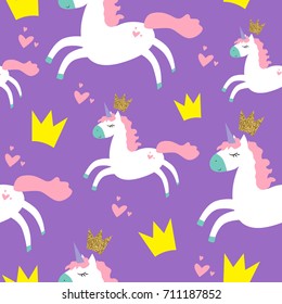 Cute Princess Seamless Pattern for textile  with unicorn, glitter crown, hearts  Abstract seamless pattern for girls.Creative  background for textile, prints, paper products, the Web. 