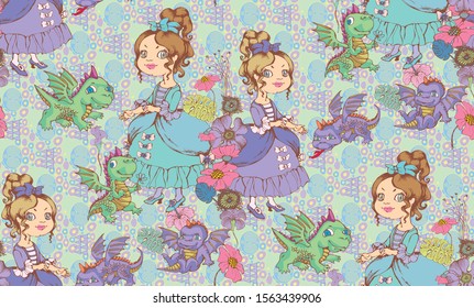 Cute princess.  Seamless pattern. Vector illustration. Suitable for fabric, wrapping paper and the like. Will be well to look in the design of children's room