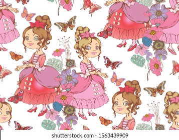 Cute princess.  Seamless pattern. Vector illustration. Suitable for fabric, wrapping paper and the like. Will be well to look in the design of children's room