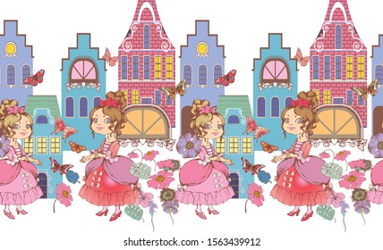 Cute princess.  Seamless pattern. Vector illustration. Suitable for fabric, wrapping paper and the like. Will be well to look in the design of children's room