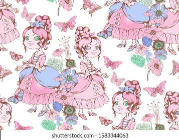 Cute princess.  Seamless pattern. Vector illustration. Suitable for fabric, wrapping paper and the like. Will be well to look in the design of children's room