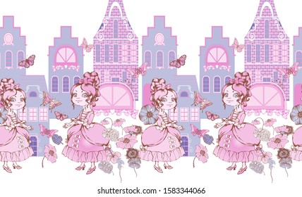 Cute princess.  Seamless pattern. Vector illustration. Suitable for fabric, wrapping paper and the like. Will be well to look in the design of children's room
