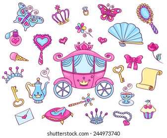 Cute princess set with carriage. Vector cartoon children illustration. Isolated on white.