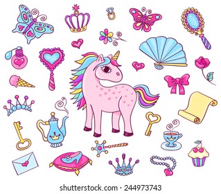 Cute princess set with unicorn. Vector cartoon children illustration. Isolated on white.
