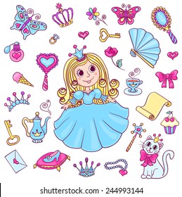 Cute princess set. Vector cartoon children illustration. Isolated on white.