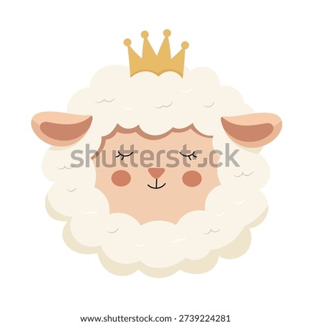 Cute Princess Sheep Face with Golden Crown. Adorable nursery style lamb illustration in soft pastel colors. Flat vector clipart, illustration with isolated background.