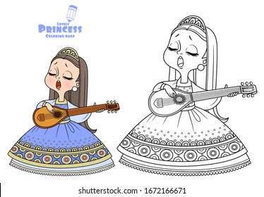 Cute princess sings and plays the lute outlined and color for coloring book