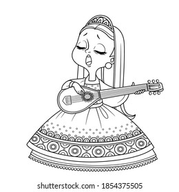 Cute princess sings and plays the lute outlined for coloring book