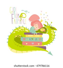 Cute princess sitting on pile of books and hugging a dragon