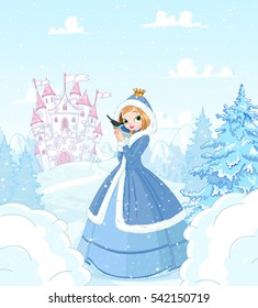 Cute princess in the snow, standing in front of a magic castle