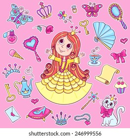 Cute princess sticker set. Vector cartoon children illustration.