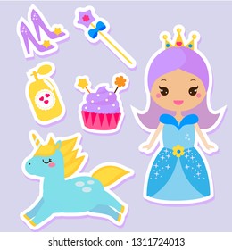 Cute princess stickers. fairy tale girl, unicorn, fashion accessories set. Vector elements for children design