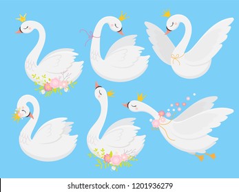 La princesa linda ciega. Hermosos cisnes blancos en corona dorada, pájaro caricaturista de cuento de hadas y grácil patito elegancia pastel vector ilustración aislados íconos conjunto