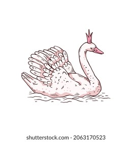 Cute princess swan with crown on head. Beautiful fairy bird in sketch style. Vector hand drawn illustration isolated on a white background