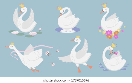 Cute princess swan flat icon set. Cartoon beautiful swan or goose in gold crown and floral graphic isolated vector illustration collection. Bird, fantasy and fairytale creature concept