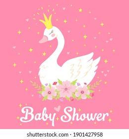 Cute princess swan with flowers on pink background. Can be used for baby shower invitation, poster, greeting card. Vector illustration in cartoon style