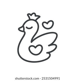 Cute princess swan icon. Hand drawn monochrome illustration of a swan with a crown isolated on a white background. Kawaii St. Valentine day concept. Vector 10 EPS.