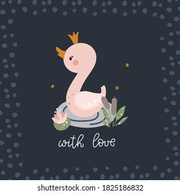 Cute princess swan on dark blue background cartoon hand drawn vector illustration. Perfect for t-shirt print, kids wear fashion design, baby shower invitation card.