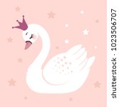 Cute princess swan on pink background cartoon hand drawn vector illustration. Can be used for t-shirt print, kids wear fashion design, baby shower invitation card.