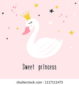 Cute princess swan on pink background with text Sweet princess. Hand drawn vector illustration