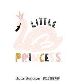 Cute princess swan print. Pink swan with crown. Great for kids apparel, nursery decoration. Vector Illustration