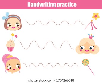 Cute princess and sweets. Handwriting practice sheet. Educational children game. Tracing lines for kids and toddlers