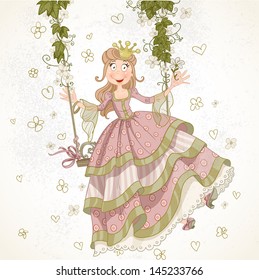 Cute princess swinging on a swing drawing in vintage style