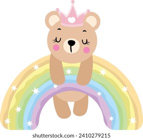 Cute princess teddy bear hanging on magic rainbow
