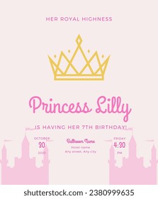 Carta de invitación de cumpleaños con temática de princesa linda en rosa bebé con castillos y una corona de princesa. Es un vector y se puede personalizar.