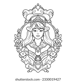 Cute princess with a tiara on her head in a frame with flowers. Coloring book for children and adults. Vector graphics