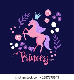 Cute Princess typography print for  t shirt with  horse . Cute magic slogan, for clothes, banner, girls, women, child. hand written text Princess
