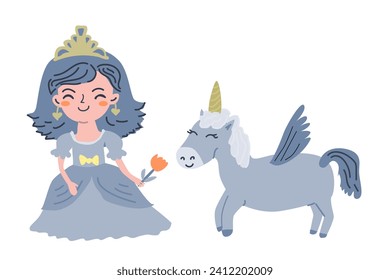 cute princess and unicorn fairy animal. Vector illustration suitable for greeting card, postcard, banner. 