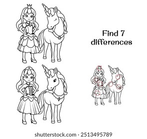 Cute princess and unicorn. Find 7 differences. Tasks for kids. Vector illustration