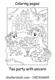 Cute princess and unicorn on tea party. Coloring book page for children. Vector cartoon illustration isolated on white background. For coloring book, education, print, game, decor, puzzle, design