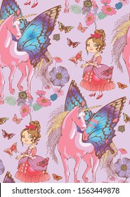 Cute princess and unicorn.  Seamless pattern. Vector illustration. Suitable for fabric, wrapping paper and the like. Will be well to look in the design of children's room