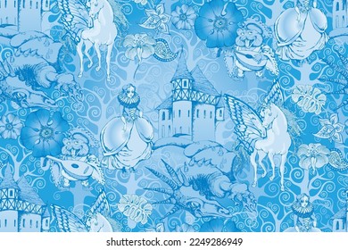 Cute princess and unicorn. Seamless pattern. Vector illustration. Suitable for fabric, wrapping paper and the like. Will be well to look in the design of children's room