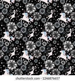 Cute princess and unicorns seamless pattern. Kids pattern with fairy tail flowers, stars and clouds