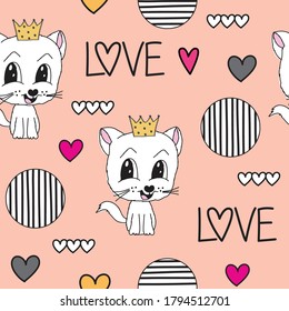 cute princess white cat seamless pattern vector
