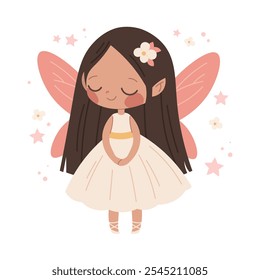 Linda princesa con alas en vestido blanco. Fantástico hada sobre fondo blanco. Carácter de Vector para niños