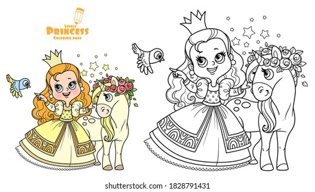 Cute princess in yellow dress with cure unicorn outlined and color for coloring book