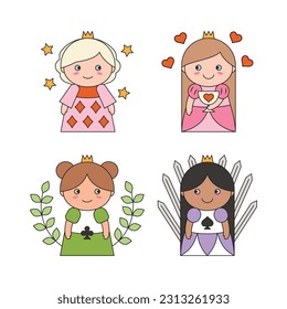 Cute princesses in colorful dresses in kawaii style. Girls in queen costumes of playing card suits