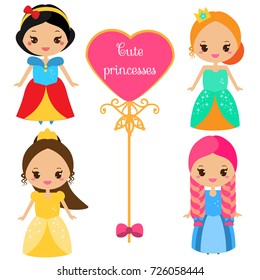 Cute princesses in colorful dresses in kawaii style. Girls in queen costumes. Vector collection of cartoon female characters.