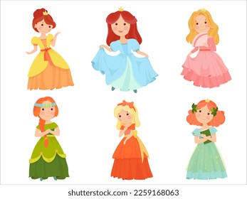 Cute princesses in gorgeous dresses. Fairytale characters. A girl in a magical costume. Middle Ages. Vector illustration isolated on white background.