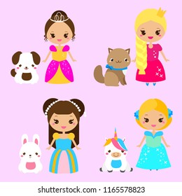 Cute princesses with lovely pets. Girls and dog, cat, rabbit, unicorn. Vector illustration in kawaii style