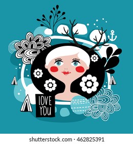 Cute print with abstract shapes and portrait of beautiful blond girl. Vector illustration.