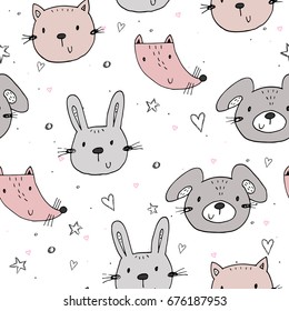 Cute print with Animals: cat, dog, hare, fox. Hand drawn print. Seamless Pattern 