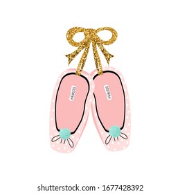 Cute print with ballet shoes and gold gitter bow. Vector hand drawn illustration.