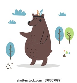 Cute print with cute bear and arrows in cartoon style