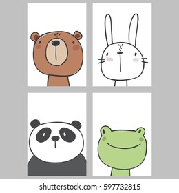 Cute print with bear, frog, panda, hare. Hand drawn print. 