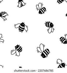 Cute print of bees flying in different directions. Bees are waving their wings. Monochrome drawing with a swarm of bees